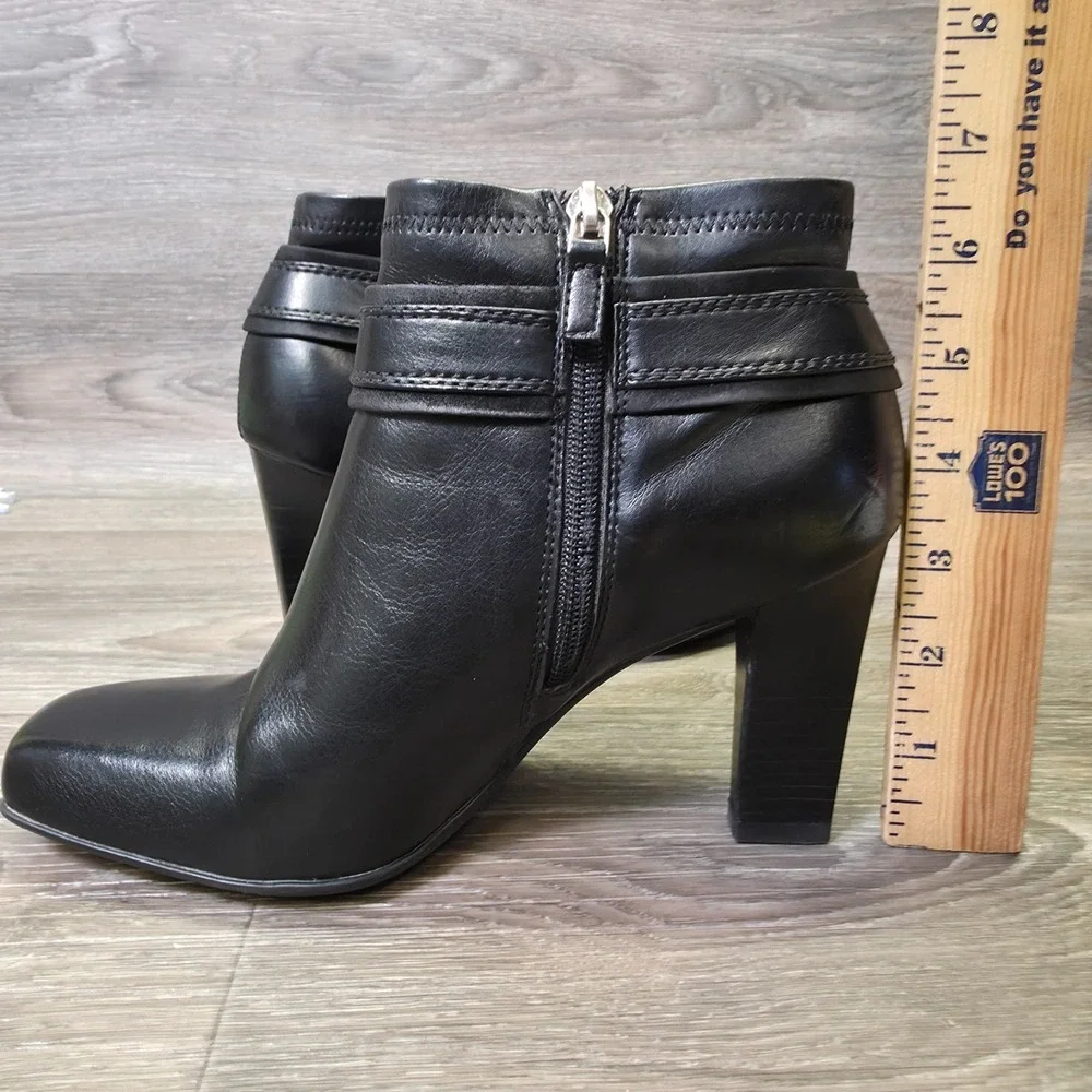 Franco Sarto Booties Womens‎ 7M Black Square Toe Buckle Ankle Heeled Moto Biker